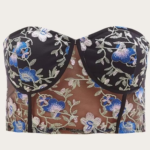 Tops - Y2K Plus Black Blue Mesh Embroidered Corset Bustier Crop Cami Top NEW